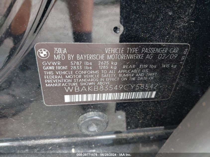 2009 BMW 750Li VIN: WBAKB83549CY58542 Lot: 39771878