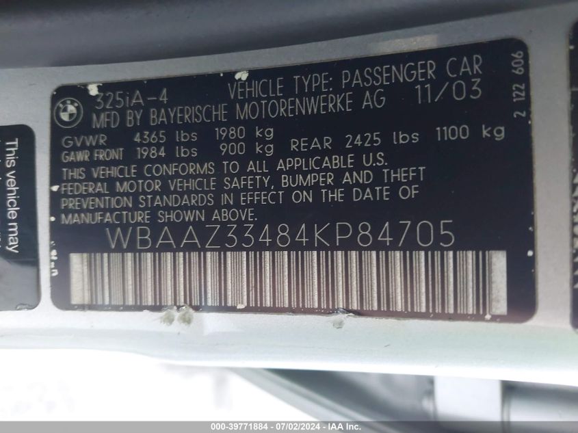 2004 BMW 325 Is Sulev VIN: WBAAZ33484KP84705 Lot: 39771884