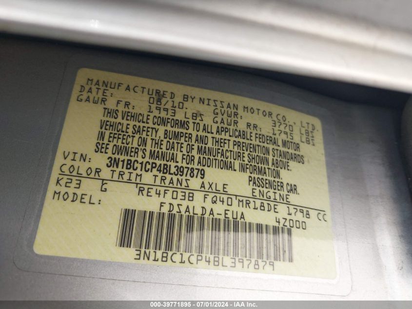 2011 Nissan Versa 1.8S VIN: 3N1BC1CP4BL397879 Lot: 39771895