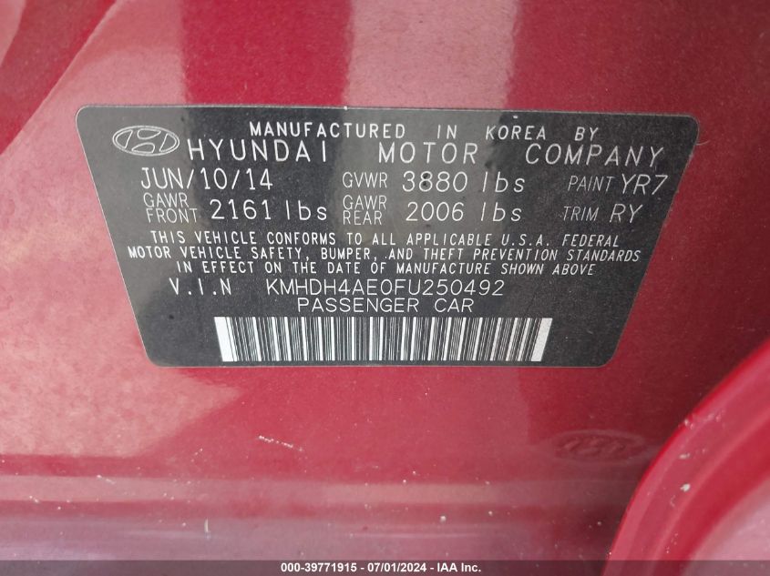 KMHDH4AE0FU250492 | 2015 HYUNDAI ELANTRA