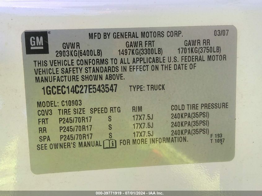 1GCEC14C27E543547 2007 Chevrolet Silverado 1500 Work Truck