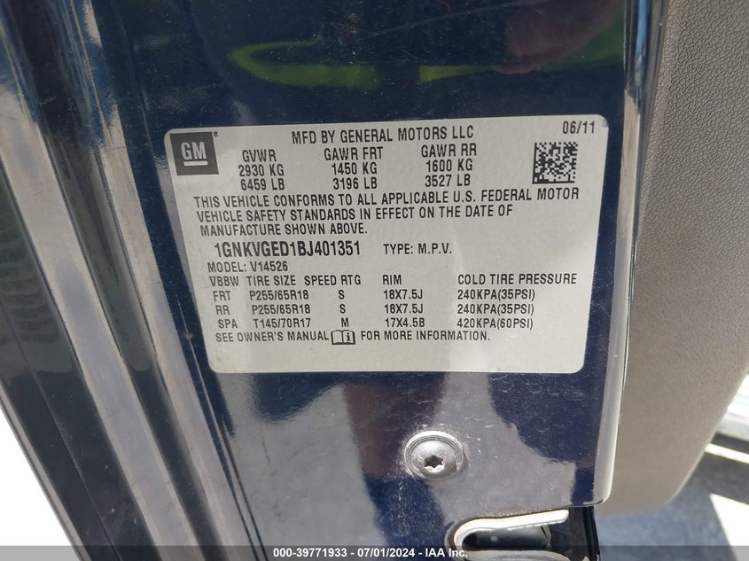 2011 Chevrolet Traverse 1Lt VIN: 1GNKVGED1BJ401351 Lot: 39771933