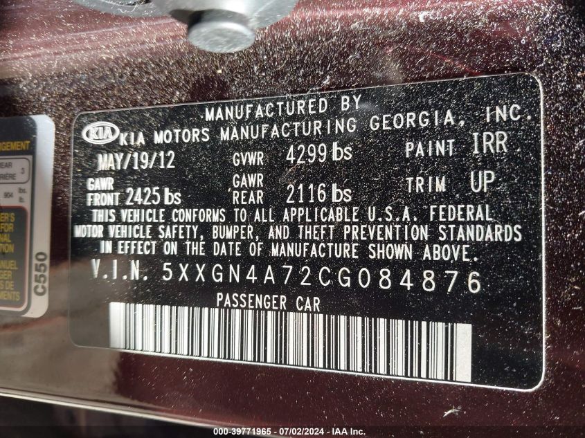 2012 Kia Optima Ex VIN: 5XXGN4A72CG084876 Lot: 39771965