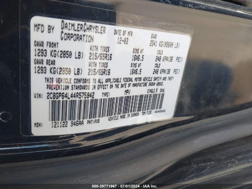 2004 Chrysler Town & Country Limited VIN: 2C8GP64L44R575942 Lot: 39771967