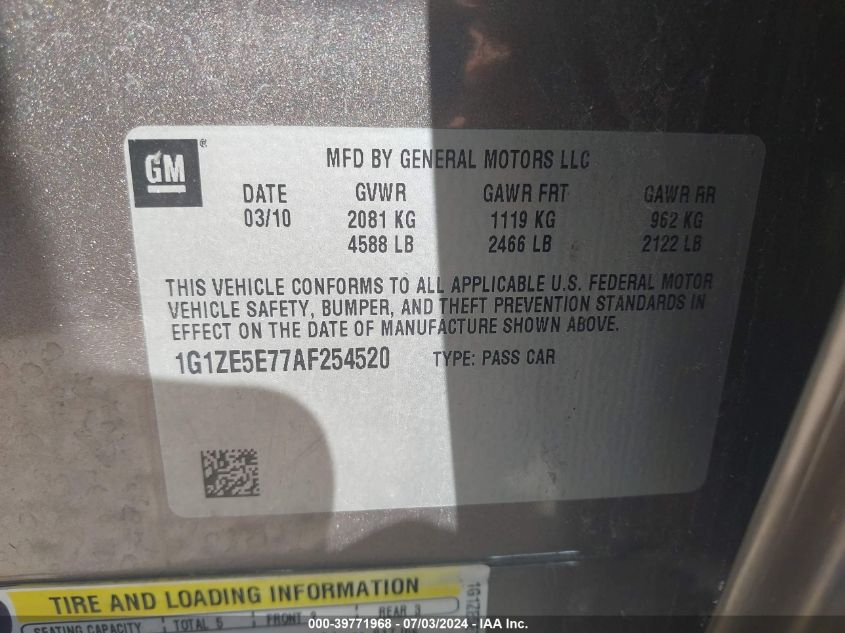 2010 Chevrolet Malibu Ltz VIN: 1G1ZE5E77AF254520 Lot: 39771968