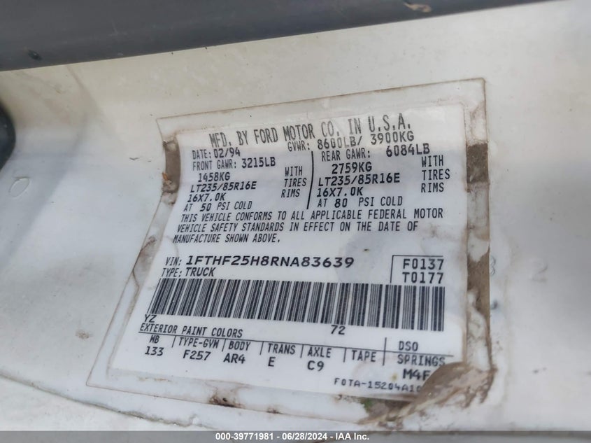 1994 Ford F250 VIN: 1FTHF25H8RNA83639 Lot: 39771981