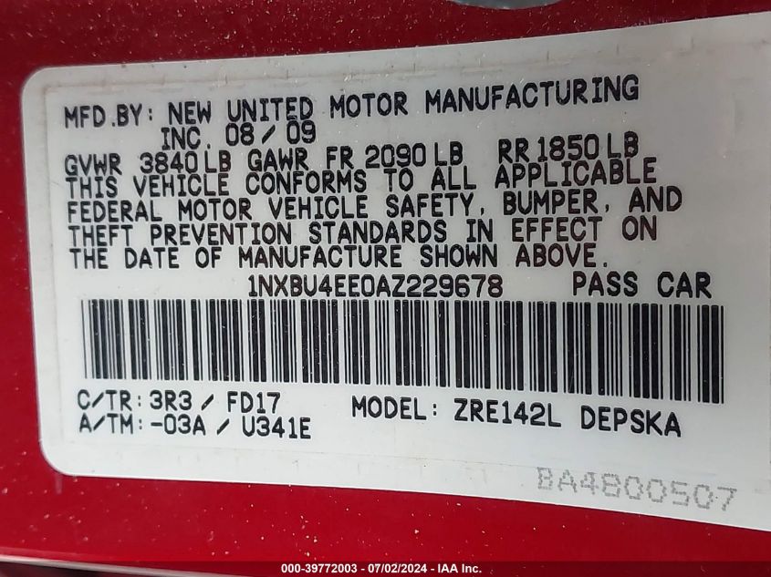 2010 Toyota Corolla S/Le/Xle VIN: 1NXBU4EE0AZ229678 Lot: 39772003