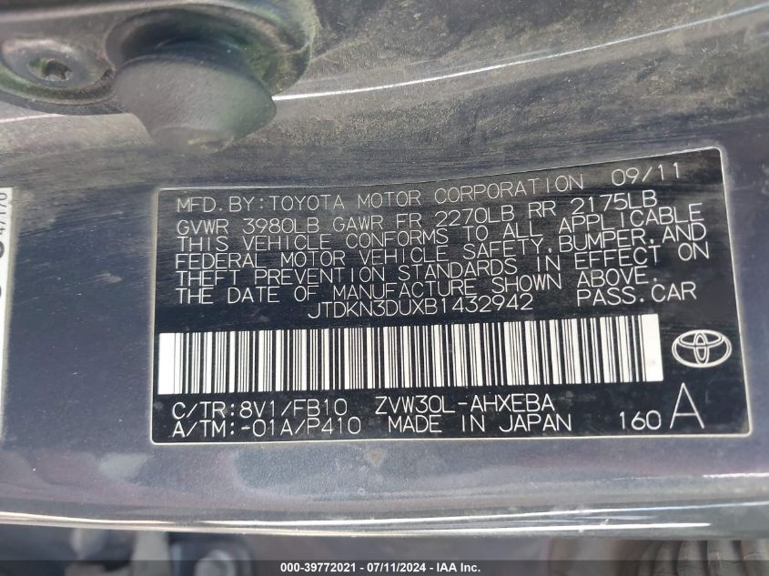 2011 Toyota Prius Three VIN: JTDKN3DUXB1432942 Lot: 39772021