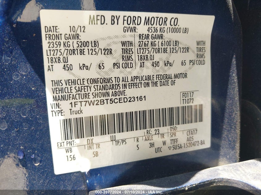 2012 Ford F250 VIN: 1FT7W2B25CED23161 Lot: 39772024