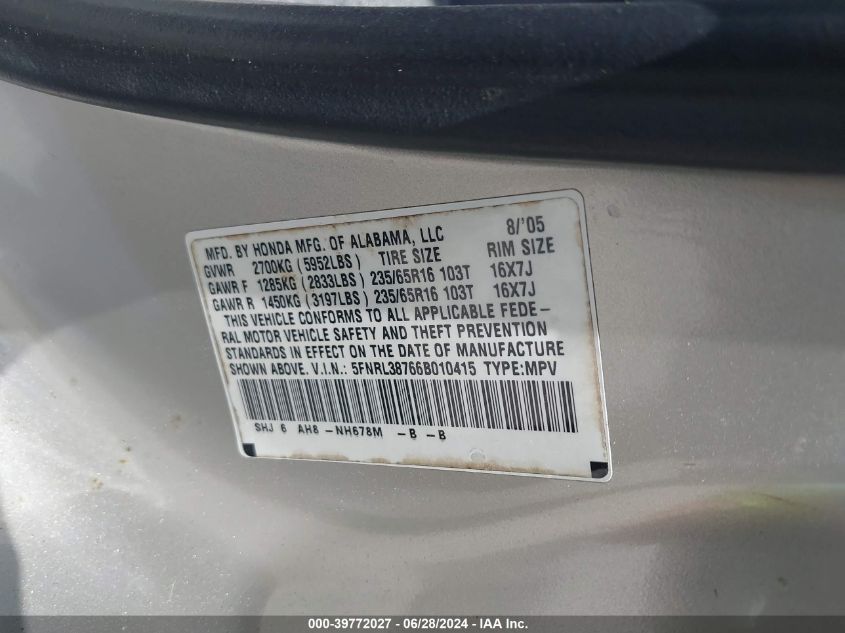 2006 Honda Odyssey Ex-L VIN: 5FNRL38766B010415 Lot: 39772027