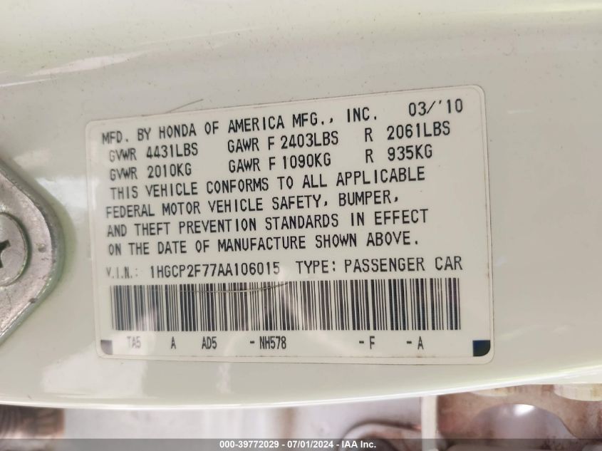 2010 Honda Accord 2.4 Ex VIN: 1HGCP2F77AA106015 Lot: 39772029