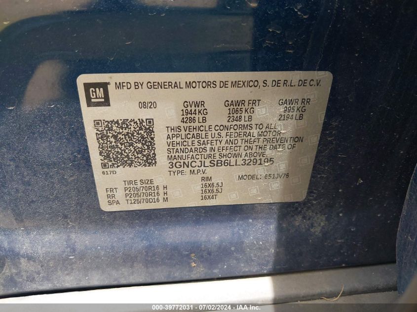 2020 Chevrolet Trax Fwd Lt VIN: 3GNCJLSB6LL329195 Lot: 39772031