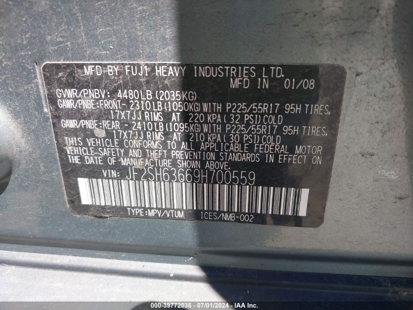 2009 Subaru Forester 2.5X VIN: JF2SH63669H700559 Lot: 39772035