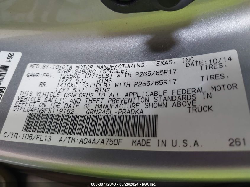 2015 Toyota Tacoma Base V6 VIN: 5TFLU4EN9FX119162 Lot: 39772040