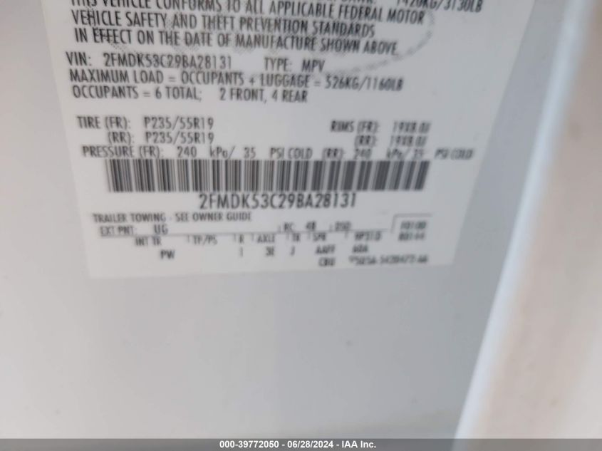 2009 Ford Flex Limited VIN: 2FMDK53C29BA28131 Lot: 39772050