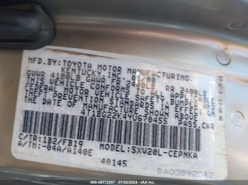 2000 Toyota Camry Le VIN: 4T1BG22K4YU670455 Lot: 39772057