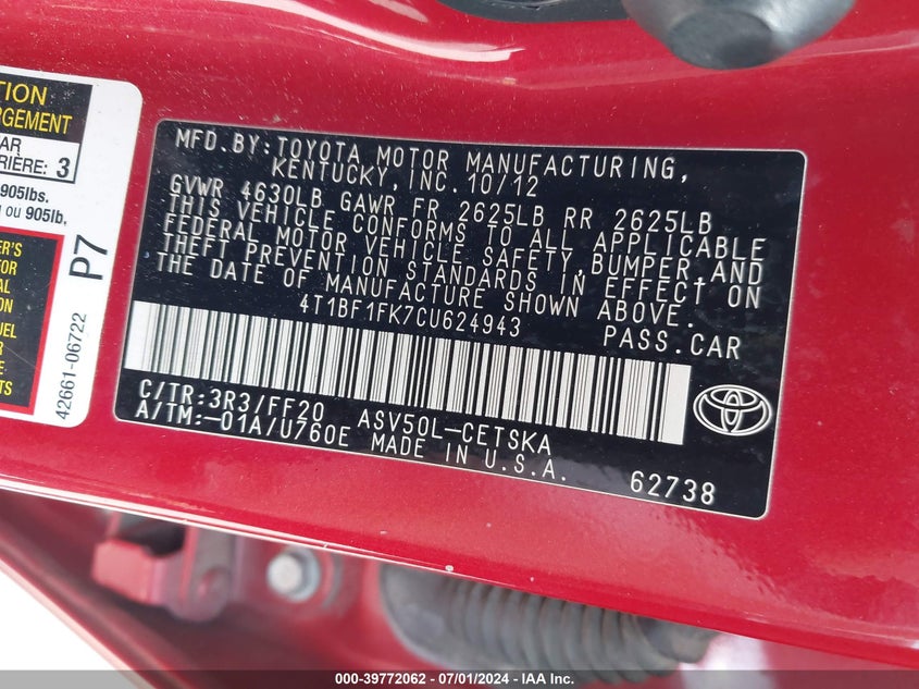 2012 Toyota Camry Se VIN: 4T1BF1FK7CU624943 Lot: 39772062