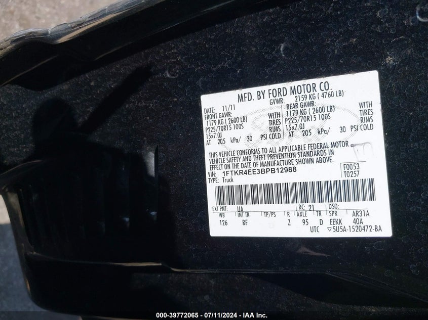 2011 Ford Ranger Xlt VIN: 1FTKR4EE3BPB12988 Lot: 39772065