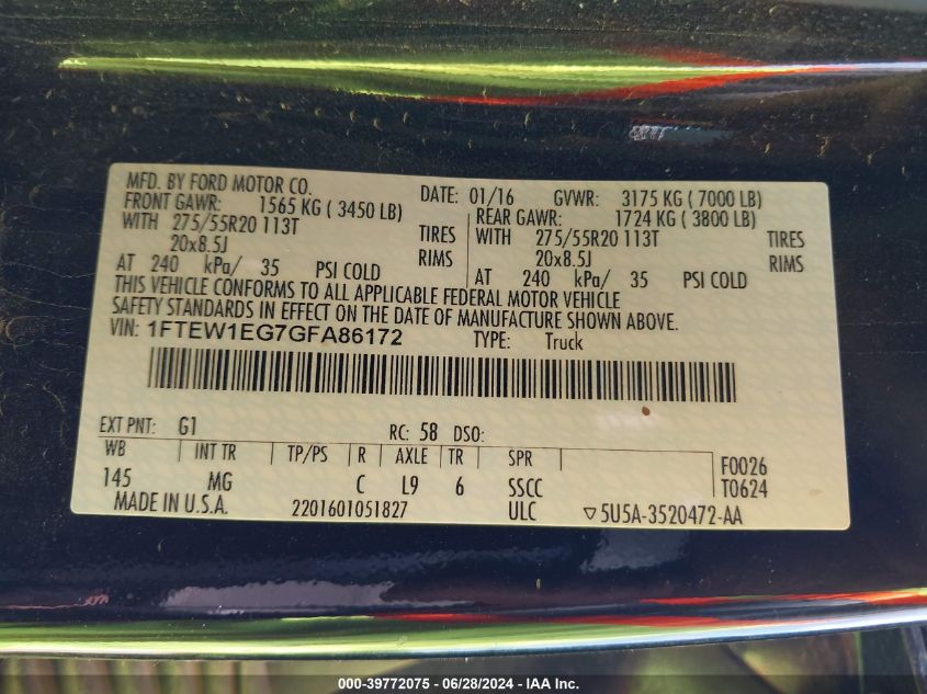 1FTEW1EG7GFA86172 2016 Ford F-150 Xlt