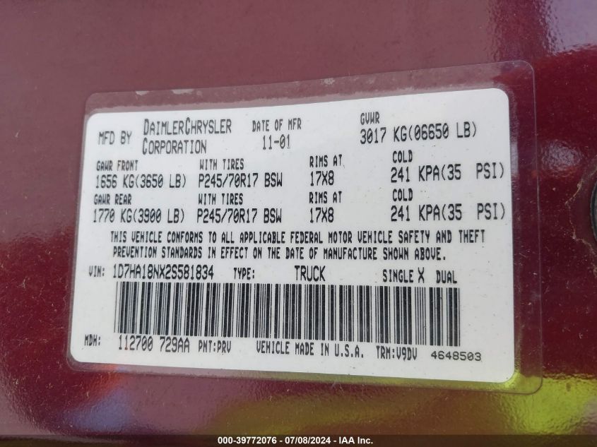 2002 Dodge Ram 1500 St VIN: 1D7HA18NX2S581834 Lot: 39772076