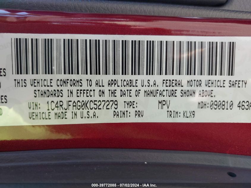2019 Jeep Grand Cherokee Laredo VIN: 1C4RJFAG0KC527279 Lot: 39772085