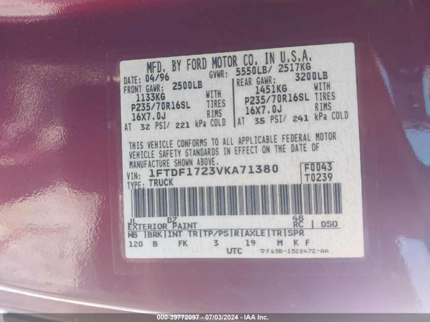1997 Ford F150 VIN: 1FTDF1723VKA71380 Lot: 39772097