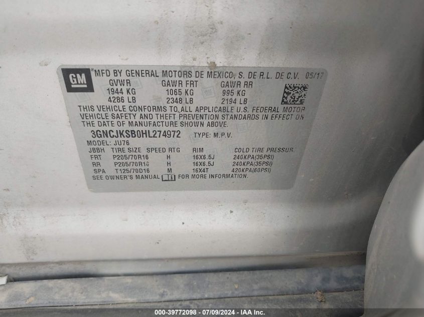 2017 Chevrolet Trax Ls VIN: 3GNCJKSB0HL274972 Lot: 39772098
