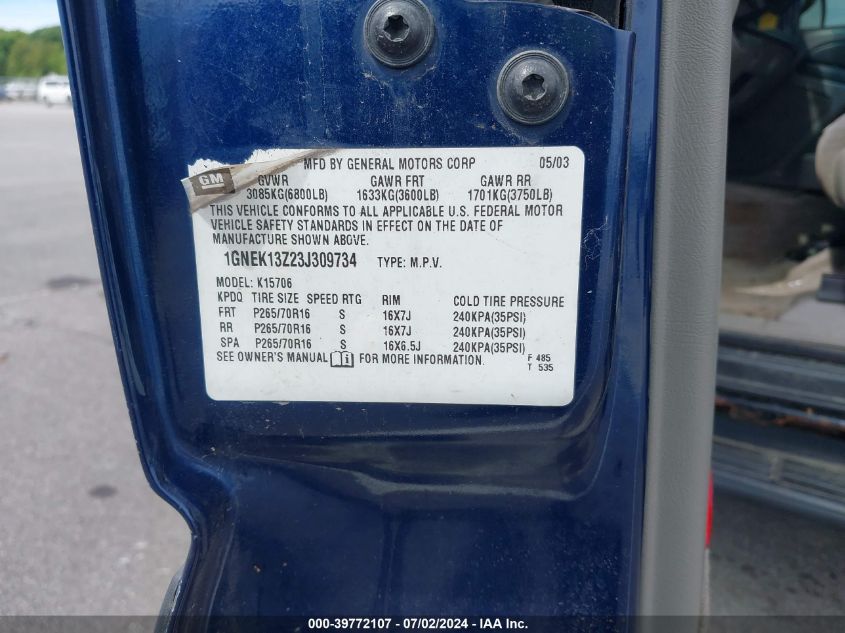 2003 Chevrolet Tahoe Ls VIN: 1GNEK13Z23J309734 Lot: 39772107