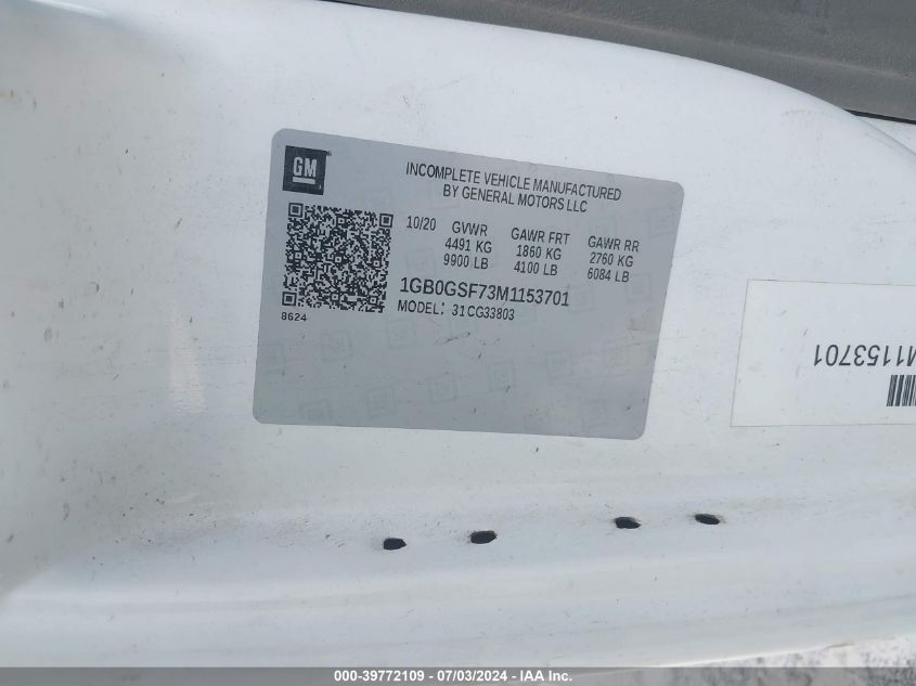 2021 Chevrolet Express Cutaway Work Van VIN: 1GB0GSF73M1153701 Lot: 39772109