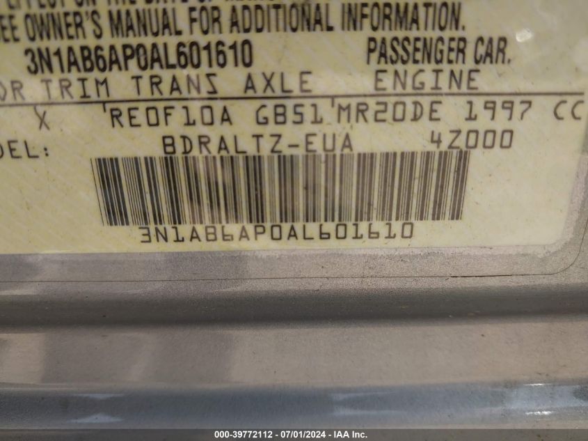 2010 Nissan Sentra VIN: 3N1AV6AP0AL601610 Lot: 39772112