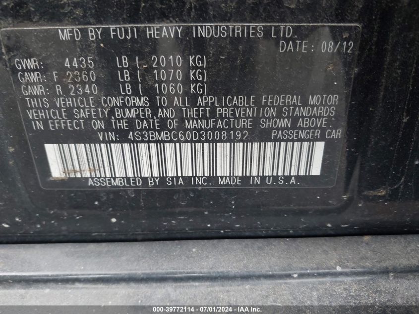 2013 Subaru Legacy 2.5I Premium VIN: 4S3BMBC60D3008192 Lot: 39772114