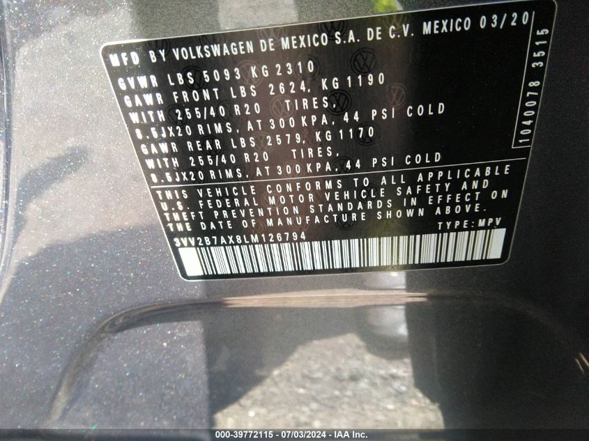 2020 Volkswagen Tiguan Se/Sel VIN: 3VV2B7AX8LM126794 Lot: 39772115