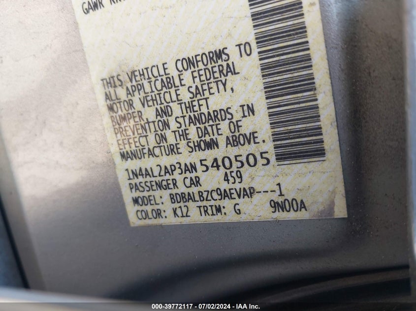 2010 Nissan Altima 2.5 S VIN: 1N4AL2AP3AN540505 Lot: 39772117