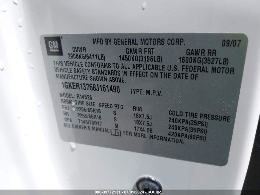 2008 GMC Acadia Sle-1 VIN: 1GKER13768J161490 Lot: 39772131