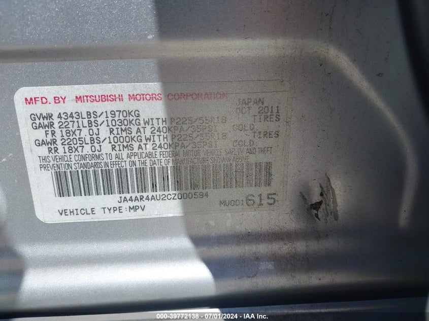 2012 Mitsubishi Outlander Sport Se VIN: JA4AR4AU2CZ000594 Lot: 39772138