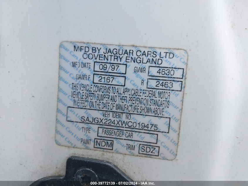 1998 Jaguar Xk8 VIN: SAJGX224XWC019475 Lot: 39772139