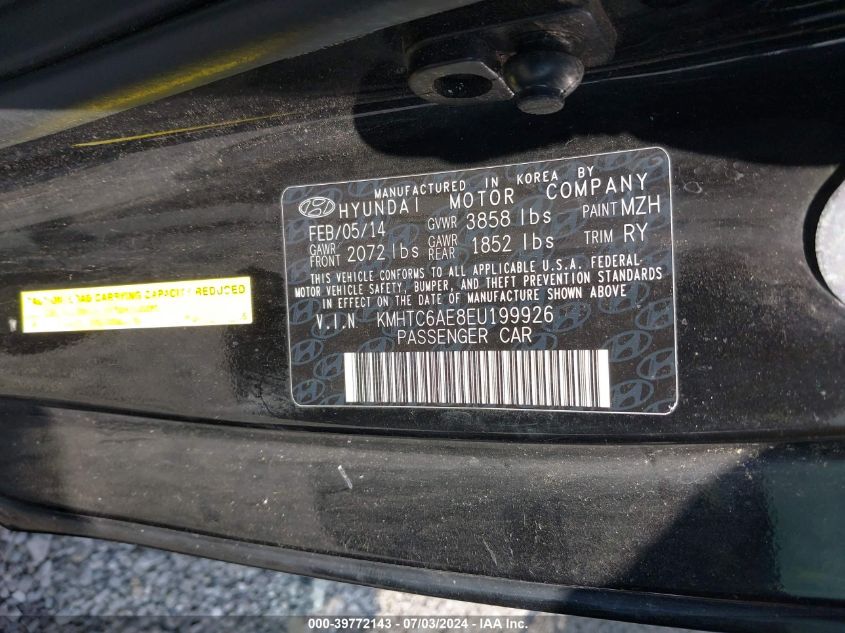 2014 Hyundai Veloster Turbo W/Black VIN: KMHTC6AE8EU199926 Lot: 39772143