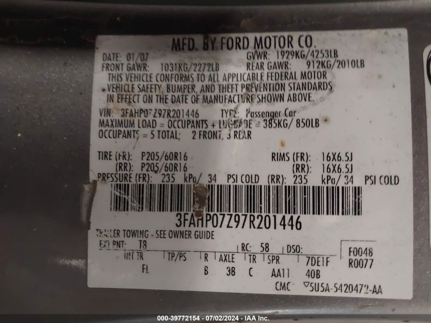 2007 Ford Fusion Se VIN: 3FAHP07Z97R201446 Lot: 39772154