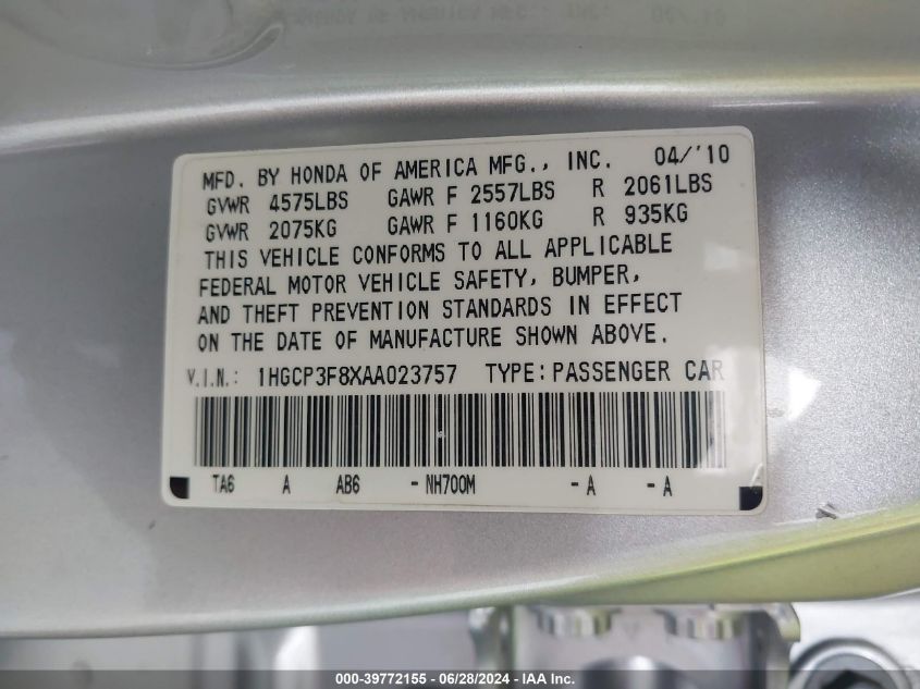2010 Honda Accord 3.5 Ex-L VIN: 1HGCP3F8XAA023757 Lot: 39772155