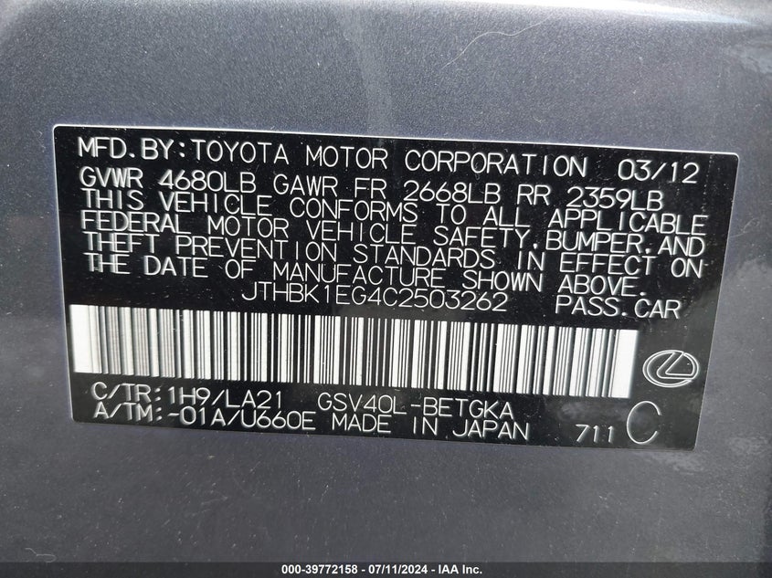 2012 Lexus Es 350 VIN: JTHBK1EG4C2503262 Lot: 39772158