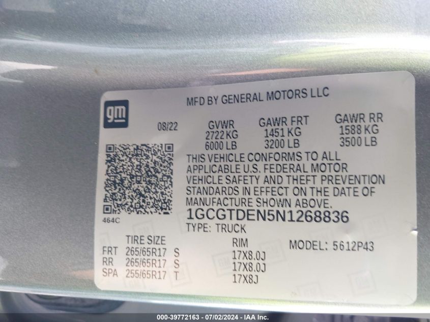 2022 Chevrolet Colorado Z71 VIN: 1GCGTDEN5N1268836 Lot: 39772163