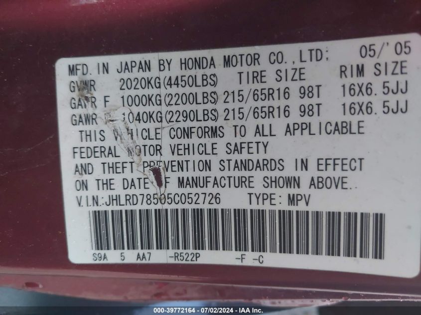 2005 Honda Cr-V Lx VIN: JHLRD78505C052726 Lot: 39772164