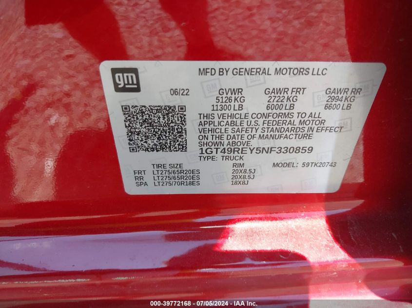 2022 GMC Sierra 2500Hd 4Wd Standard Bed Denali VIN: 1GT49REY5NF330859 Lot: 39772168