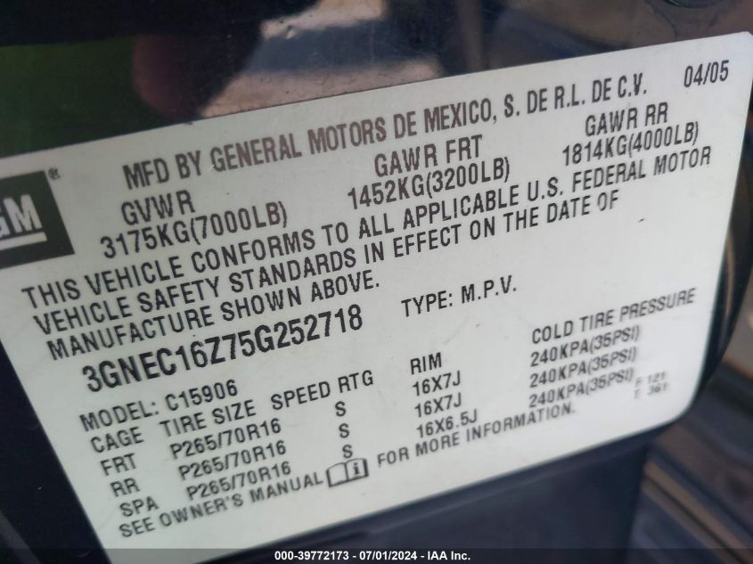 2005 Chevrolet Suburban 1500 Ls VIN: 3GNEC16Z75G252718 Lot: 39772173