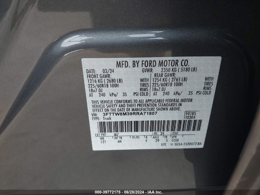 2024 Ford Maverick Lariat VIN: 3FTTW8M39RRA71807 Lot: 39772175