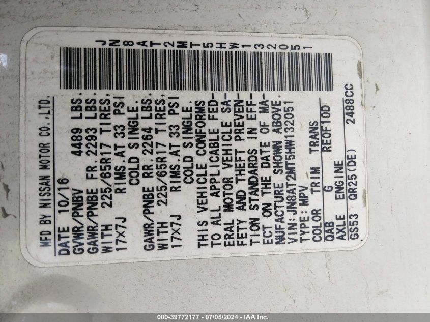 2017 Nissan Rogue Sv VIN: JN8AT2MT5HW132051 Lot: 39772177