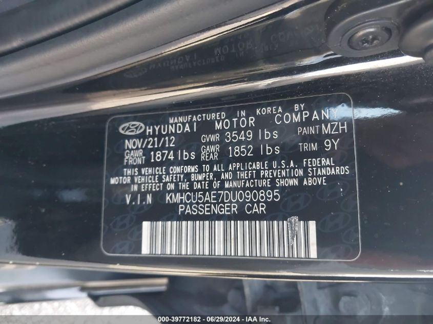 2013 Hyundai Accent Se VIN: KMHCU5AE7DU090895 Lot: 39772182