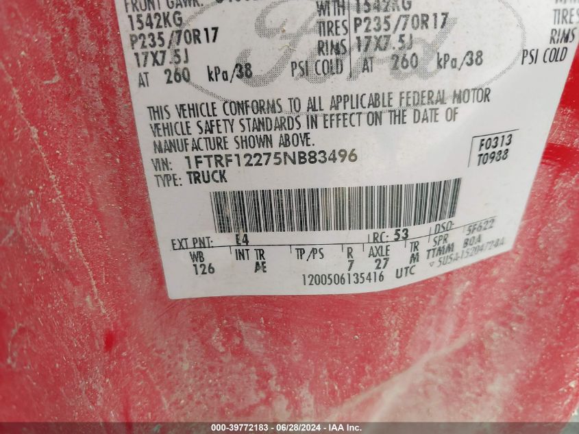 2005 Ford F-150 Stx/Xl/Xlt VIN: 1FTRF12275NB83496 Lot: 39772183