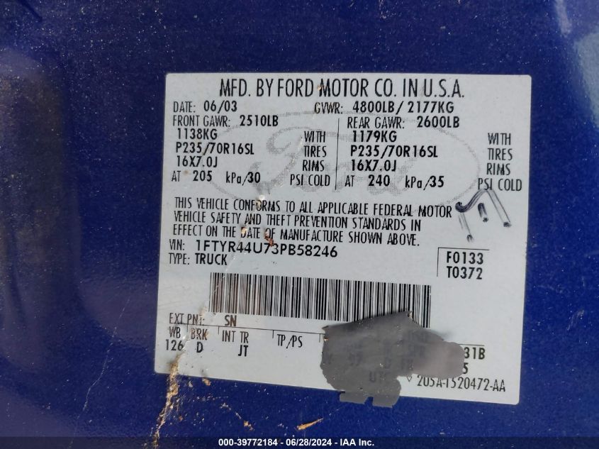 2003 Ford Ranger Edge/Tremor/Xlt VIN: 1FTYR44U73PB58246 Lot: 39772184