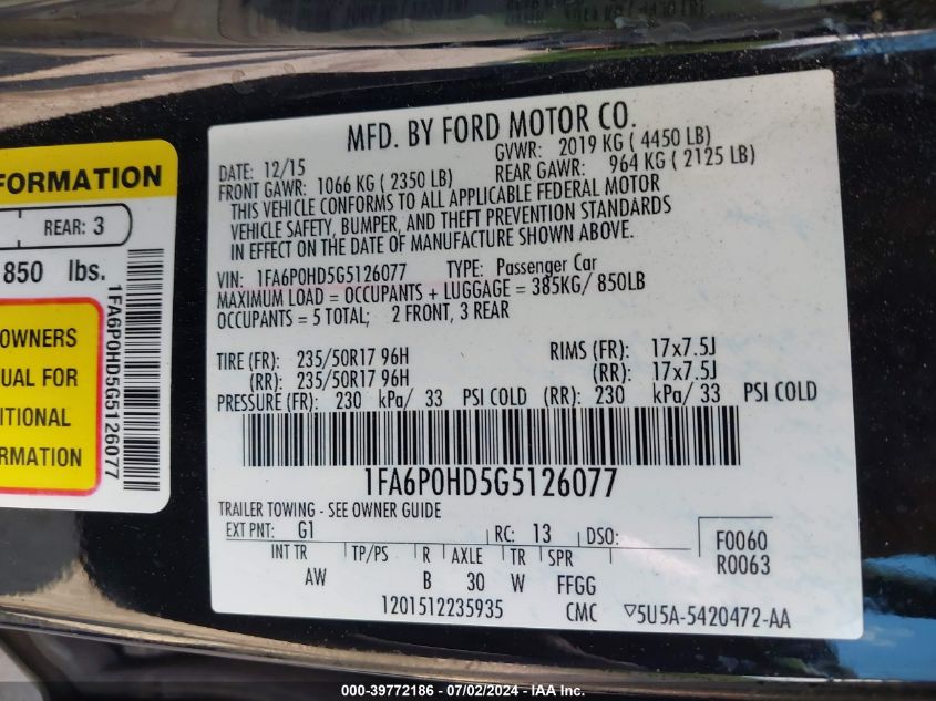 2016 FORD FUSION SE - 1FA6P0HD5G5126077